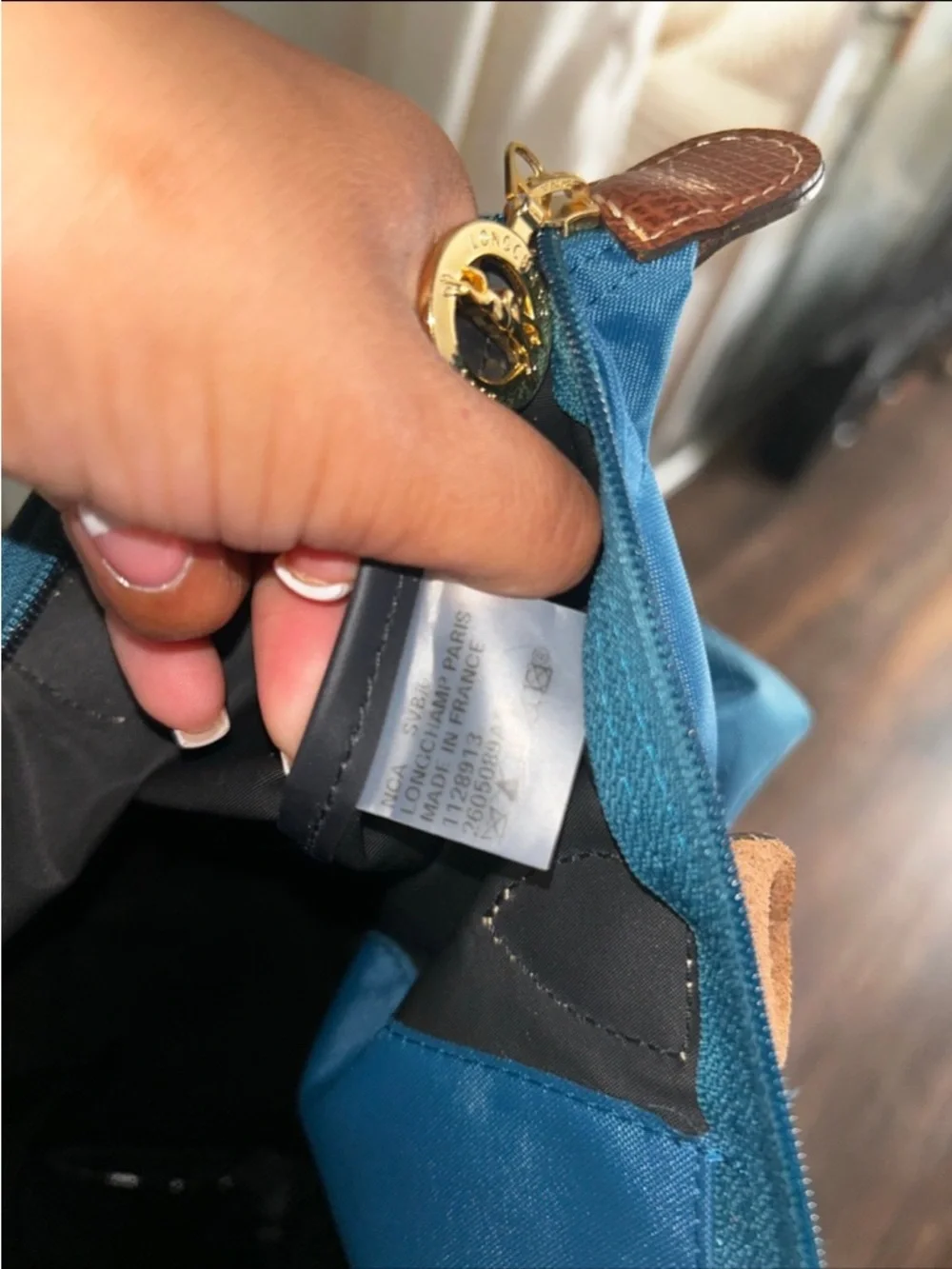 Longchamp Small Tote in Teal with Brown Leather Trim - Picture 6 of 6